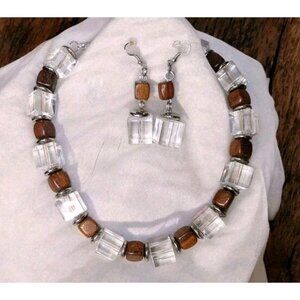Vintage Chunky Lucite Wood Beaded Necklace Dangle Earring Set Retro Cubes